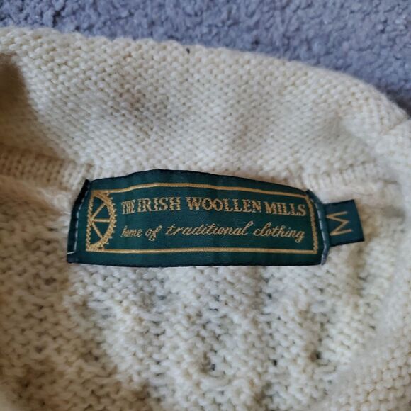 Irish Woolen Mills Sweater Mens Medium Beige Wool Cableknit Roll Neck Fisherman - Picture 7 of 11